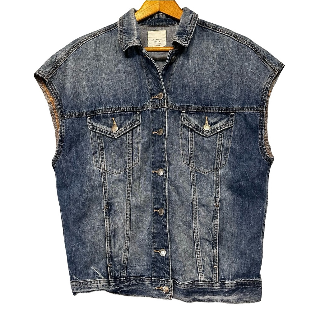 American Eagle Blue Denim Cutoff Vest Medium Oversized Button Front Distressed